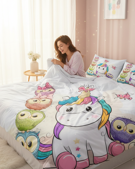 unicorn owl bedding - in-use
