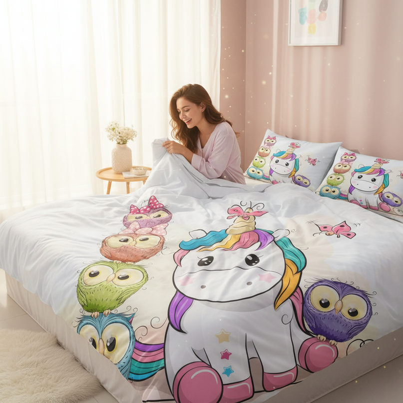unicorn owl bedding - in-use