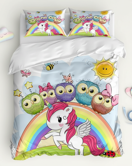 unicorn owl rainbow bedding - flat-lay