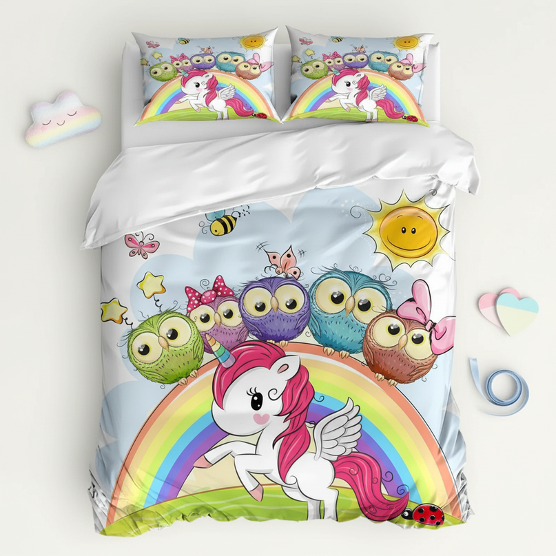 unicorn owl rainbow bedding - flat-lay