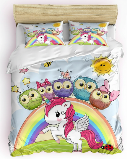 unicorn owl rainbow bedding - white-bg