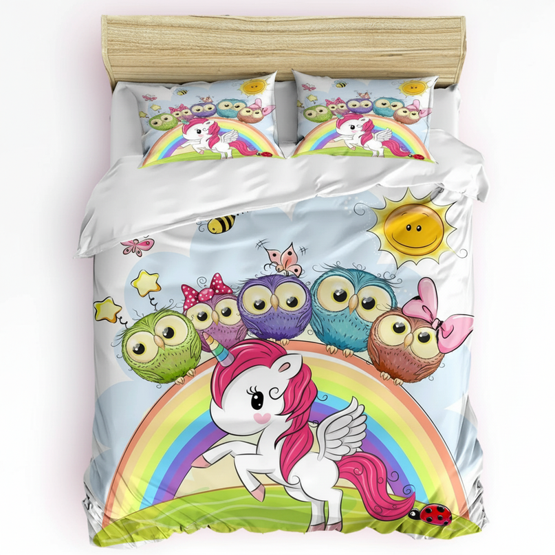 unicorn owl rainbow bedding - white-bg