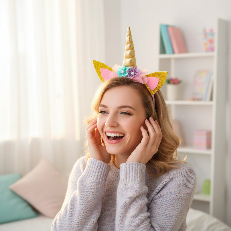 unicorn party headband - in-use