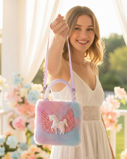 unicorn pastel shoulder purse - in-use