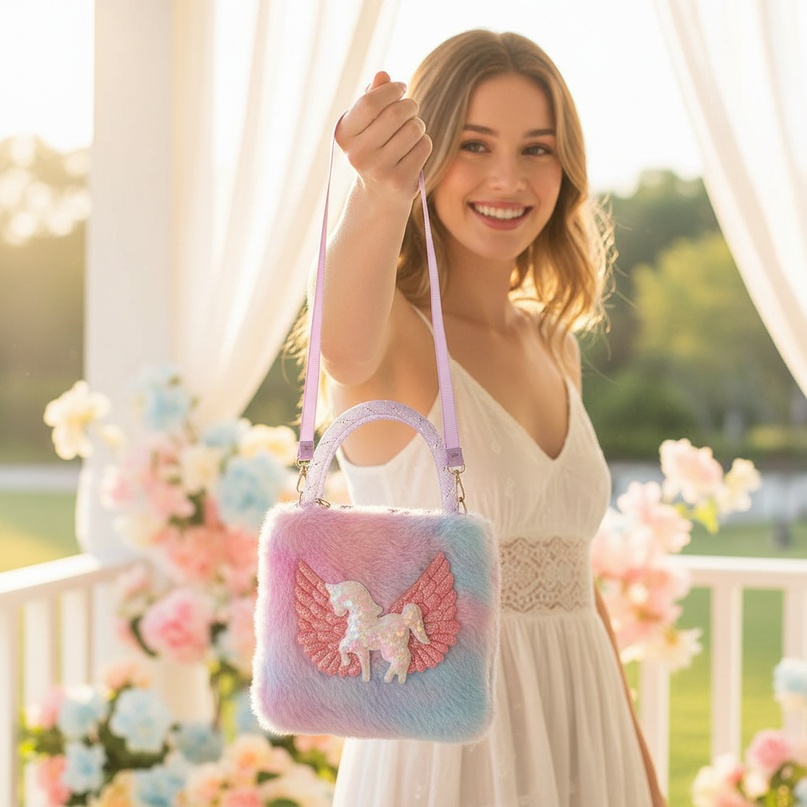 unicorn pastel shoulder purse - in-use