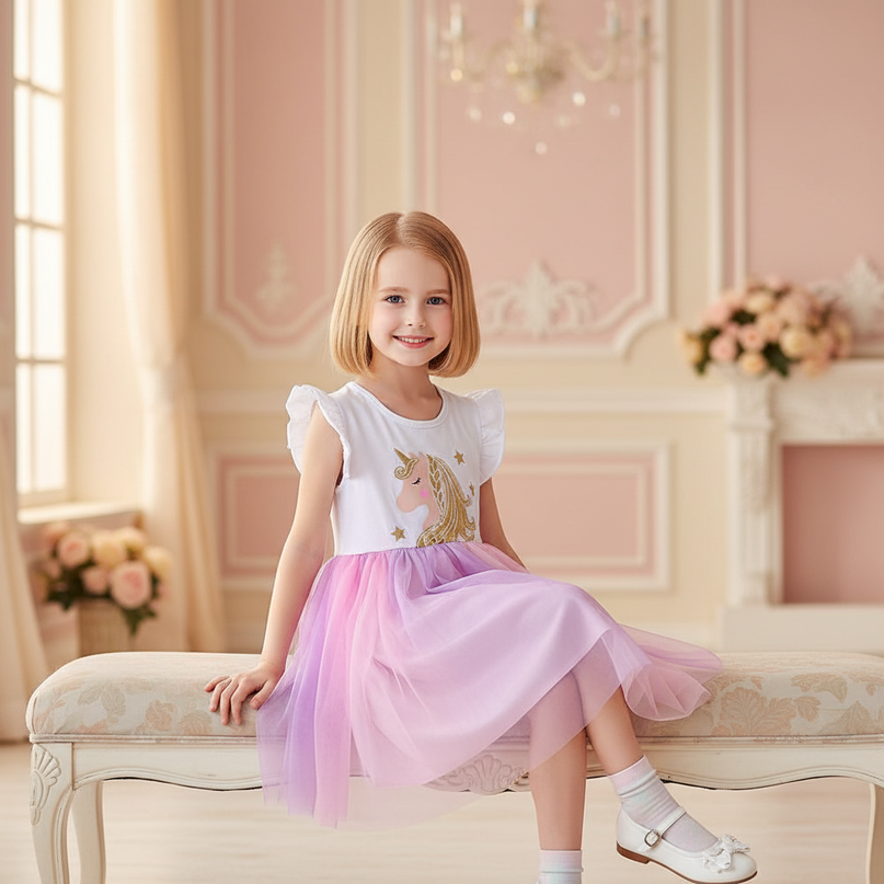 unicorn patchwork cartoon dress - sitting