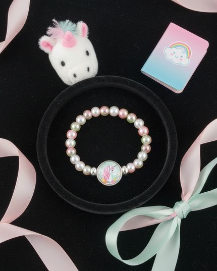 unicorn pearl bracelet - flat-lay