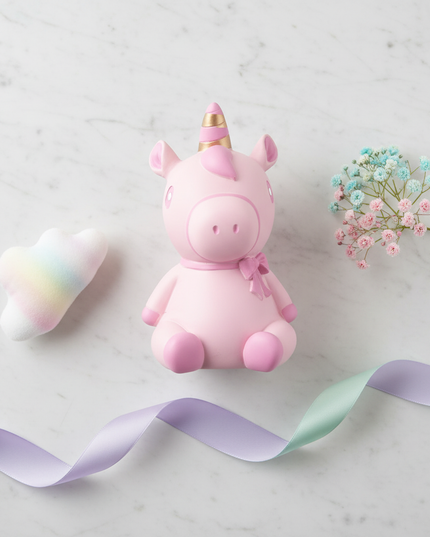unicorn pig piggy bank - flat-lay