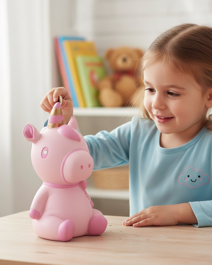unicorn pig piggy bank - in-use
