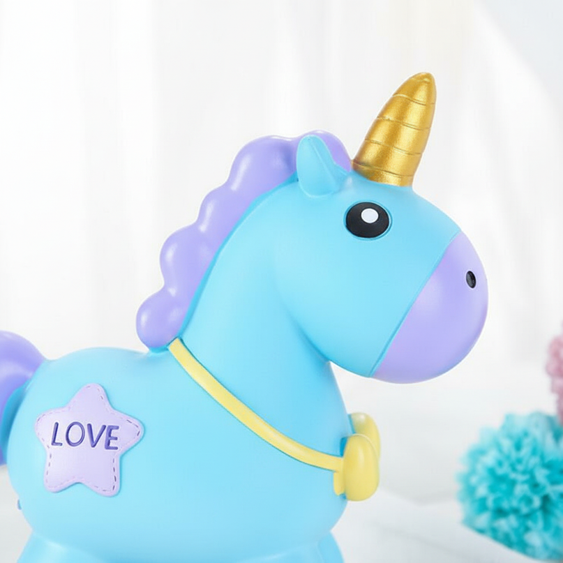 unicorn piggy bank blue - detail