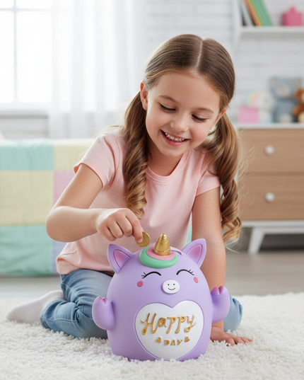 unicorn piggy bank girls - in-use