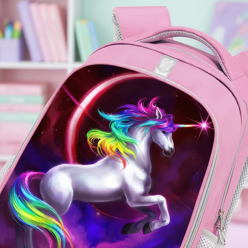 unicorn pink purple school backpack - detail