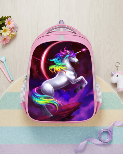 unicorn pink purple school backpack - flat-lay