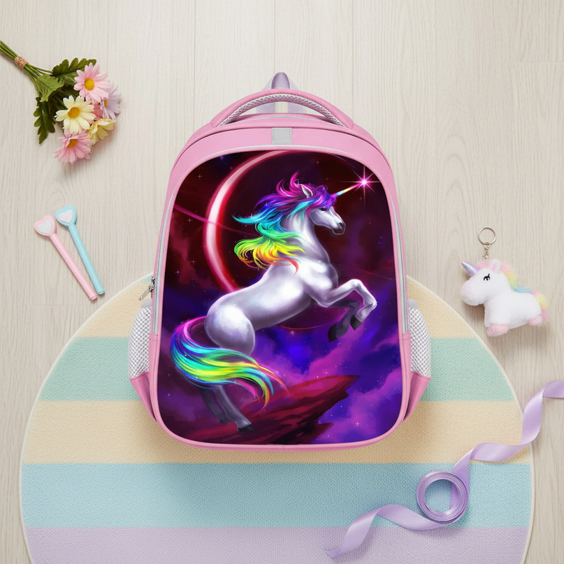unicorn pink purple school backpack - flat-lay