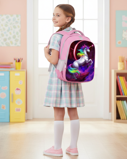 unicorn pink purple school backpack - in-use