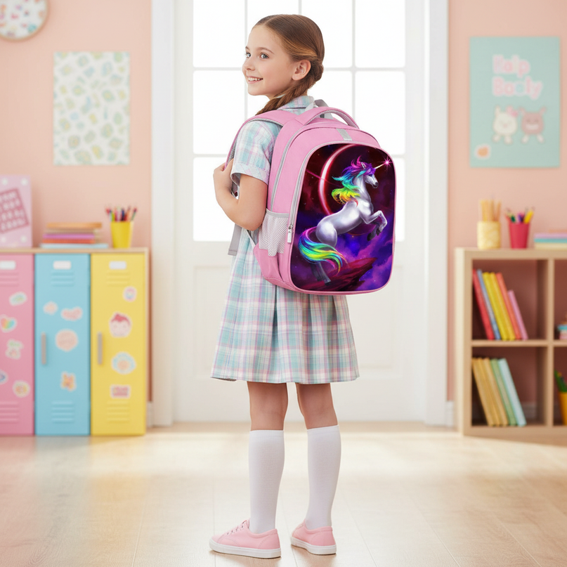 unicorn pink purple school backpack - in-use