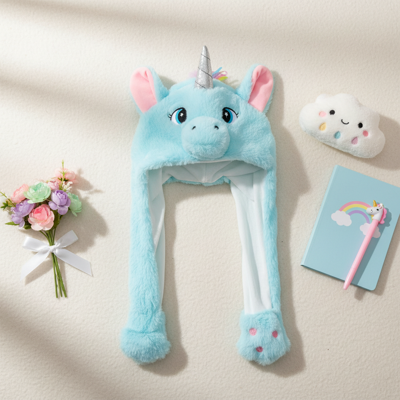 unicorn plush hat - flat-lay
