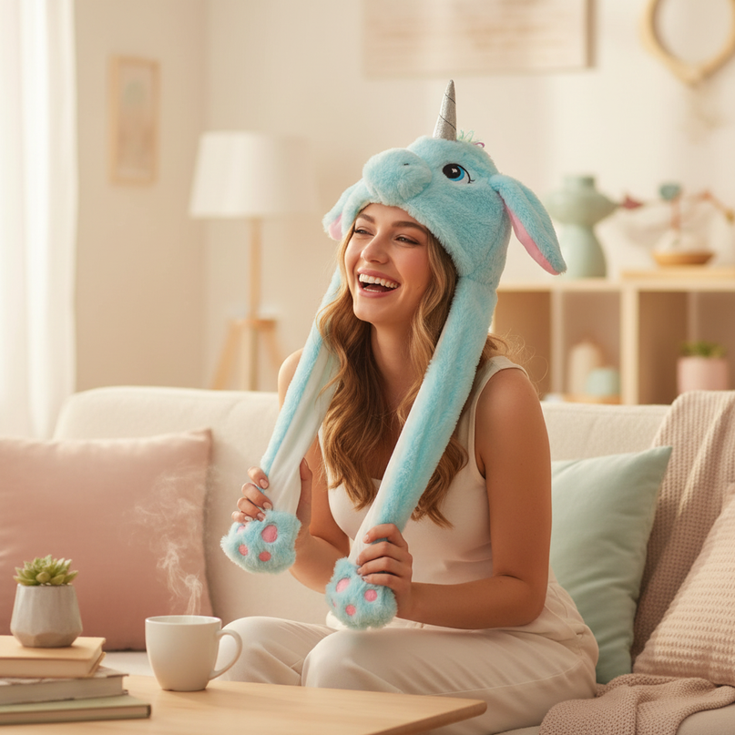 unicorn plush hat - in-use