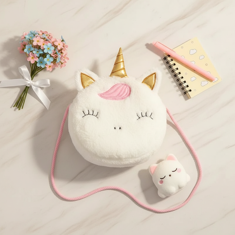 unicorn plush purse - flat-lay