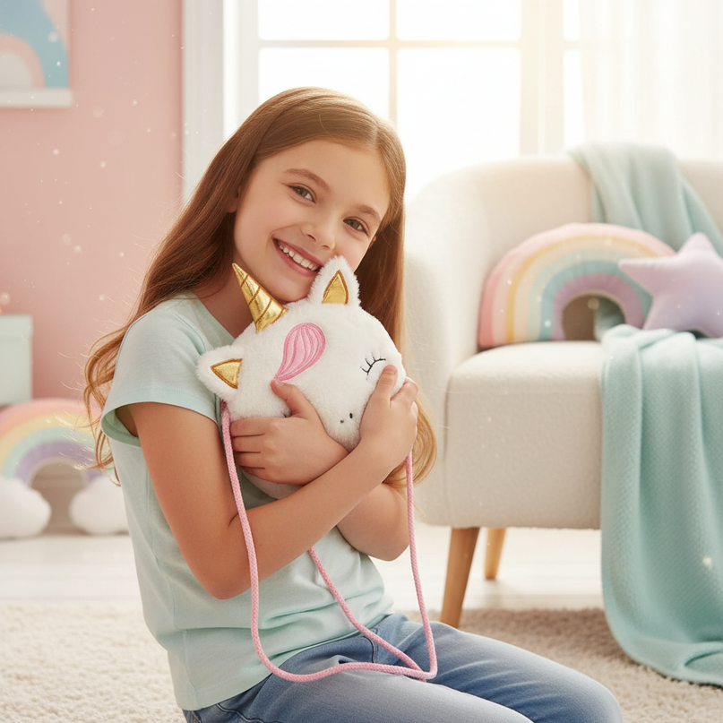 unicorn plush purse - in-use