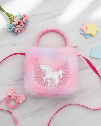 unicorn plush shoulder purse - flat-lay