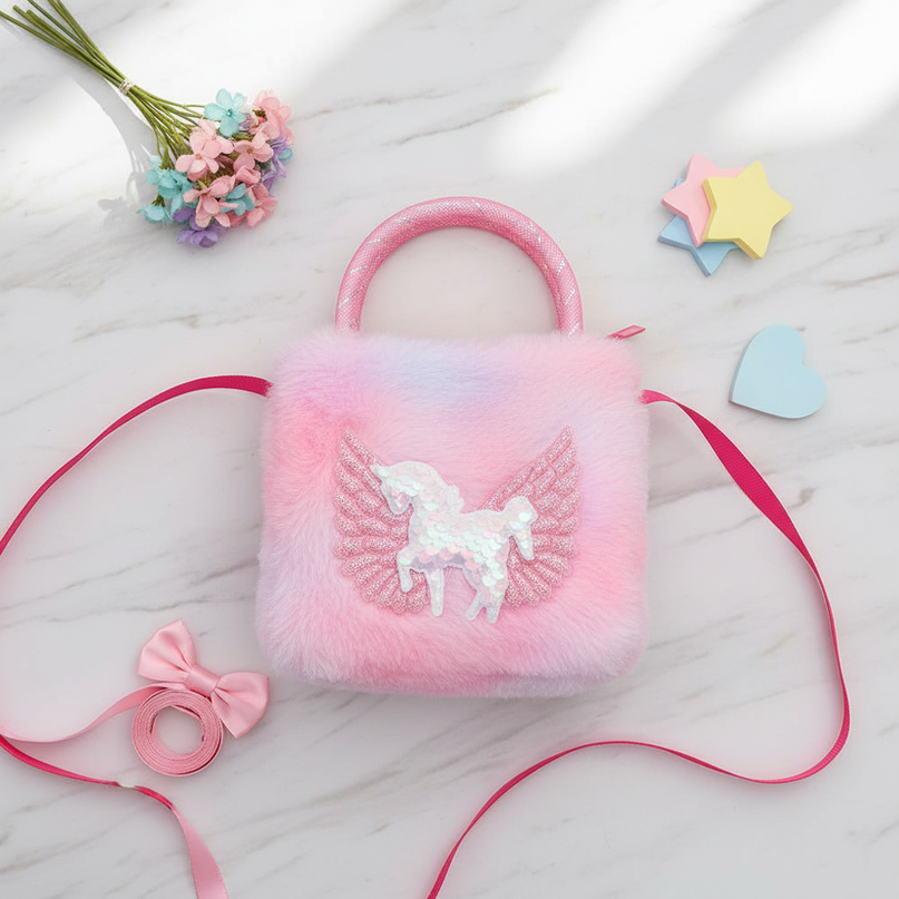 unicorn plush shoulder purse - flat-lay