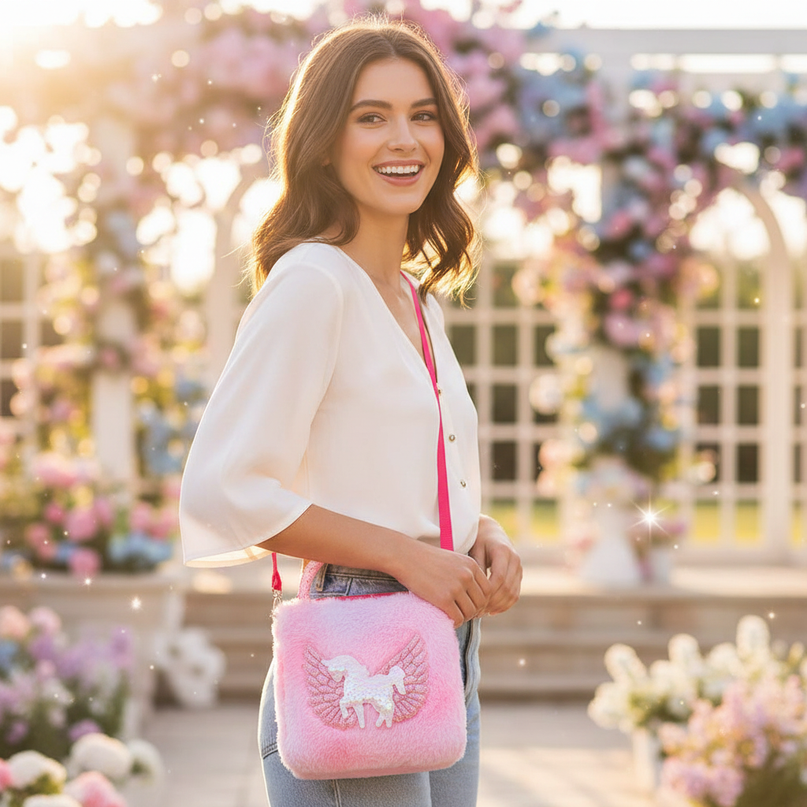 unicorn plush shoulder purse - in-use