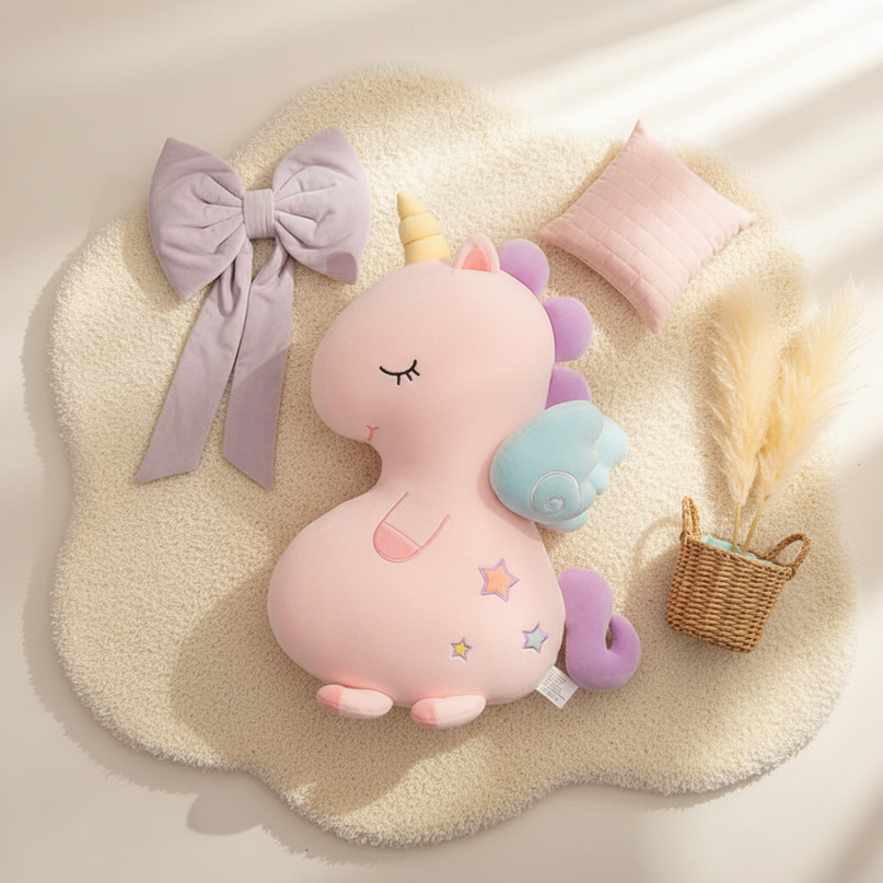 unicorn plush throw pillow - flat-lay