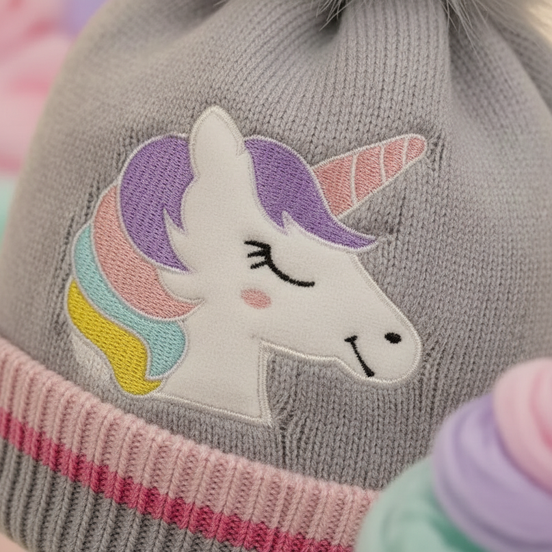 unicorn pom pom beanie - detail