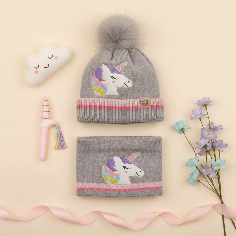 unicorn pom pom beanie - flat-lay