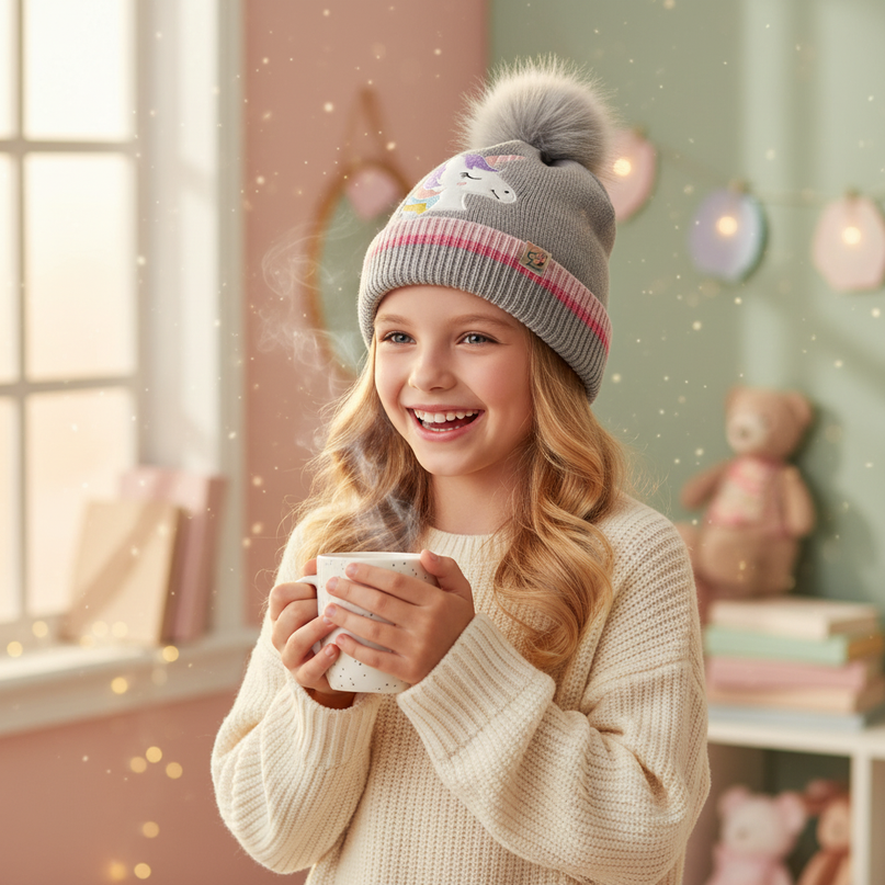 unicorn pom pom beanie - in-use