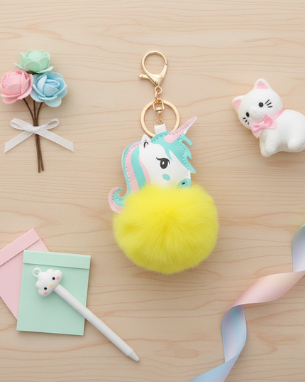 unicorn pom pom keychain - flat-lay