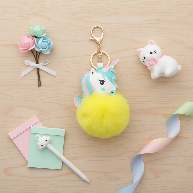unicorn pom pom keychain - flat-lay