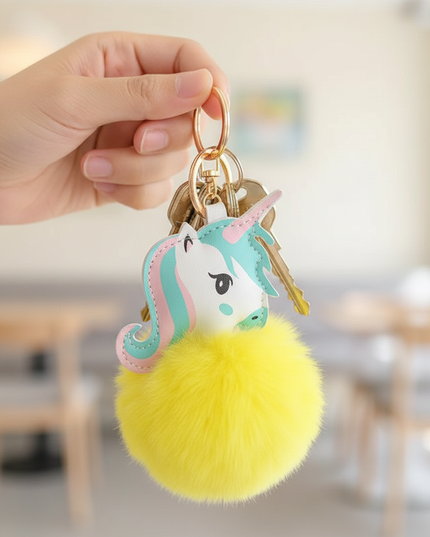 unicorn pom pom keychain - in-use