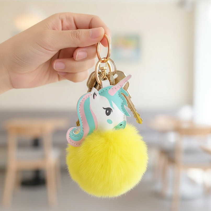unicorn pom pom keychain - in-use