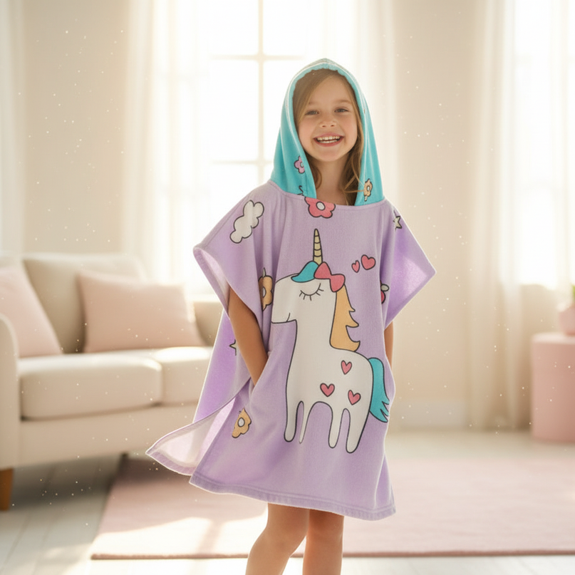 unicorn poncho robe - in-use