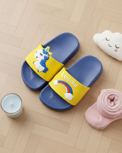 unicorn pool slippers - flat-lay