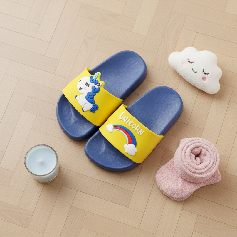 unicorn pool slippers - flat-lay