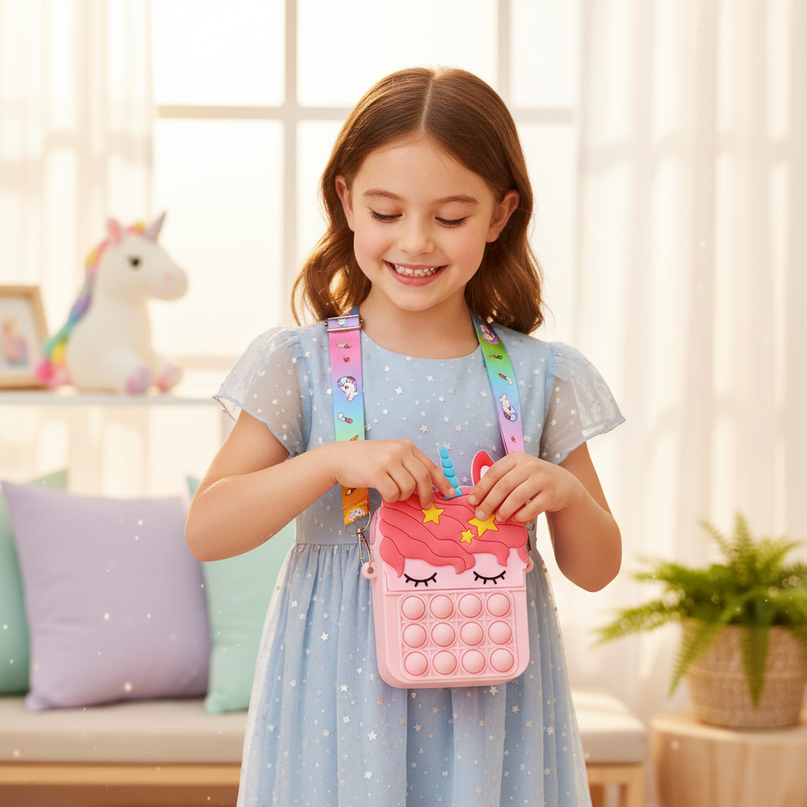 unicorn pop it purse - in-use