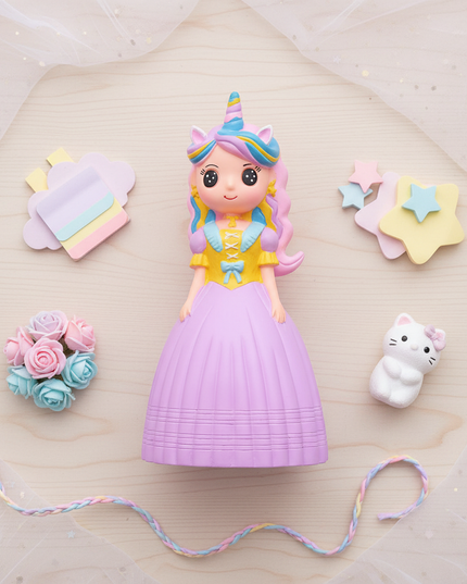 unicorn princess piggy bank - flat-lay