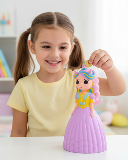 unicorn princess piggy bank - in-use
