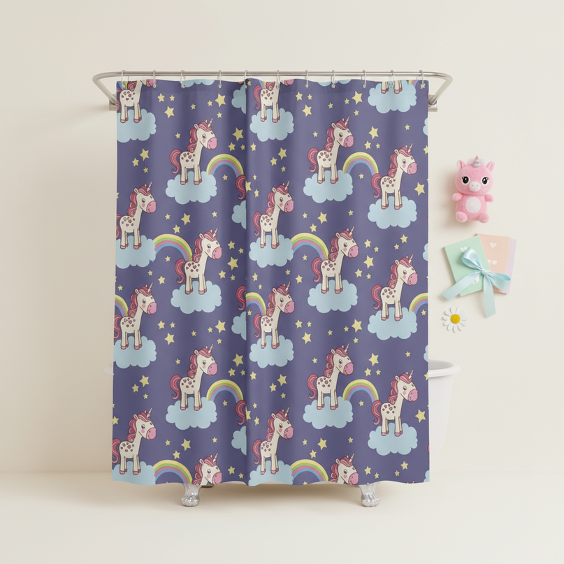 unicorn princess shower curtain - flat-lay