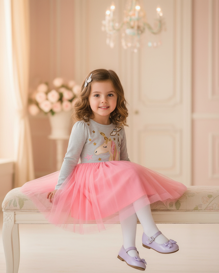 unicorn print ball gown tulle dress - sitting