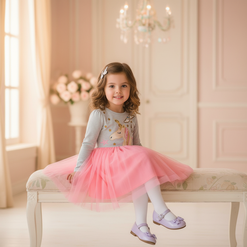unicorn print ball gown tulle dress - sitting