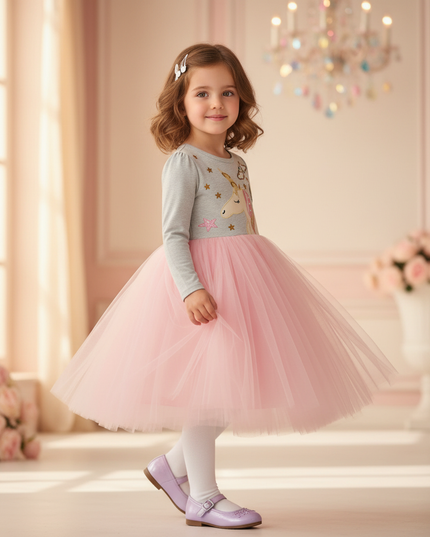 unicorn print ball gown tulle dress - three-quarter