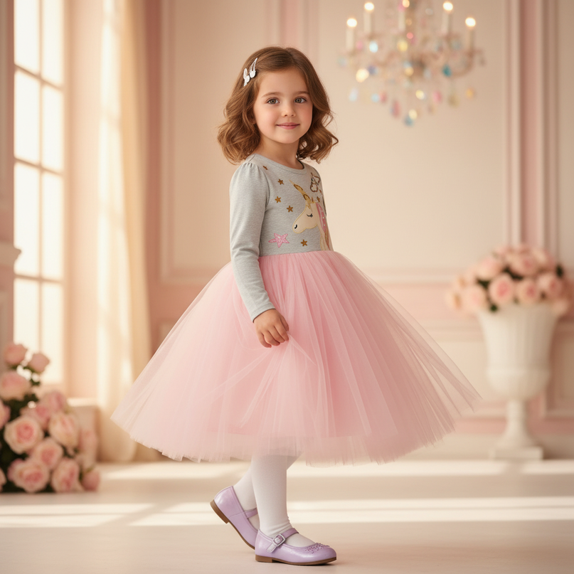unicorn print ball gown tulle dress - three-quarter