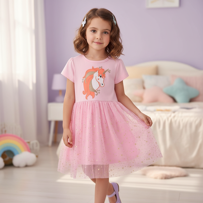 unicorn print cotton dress - three-quarter