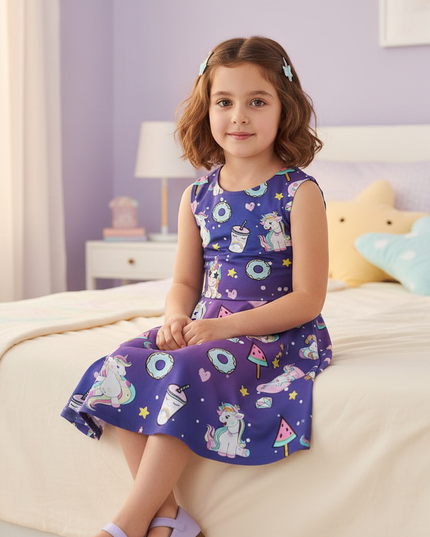 unicorn print skater dress girls - sitting