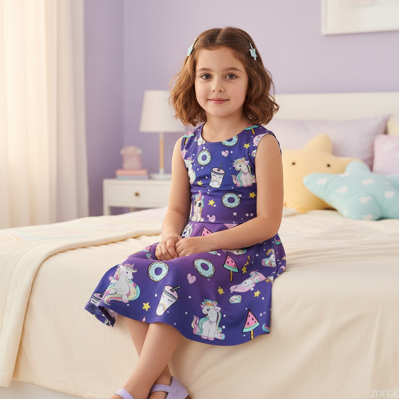 unicorn print skater dress girls - sitting