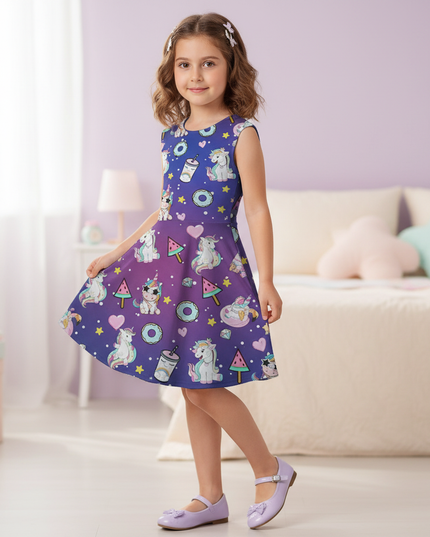 unicorn print skater dress girls - three-quarter